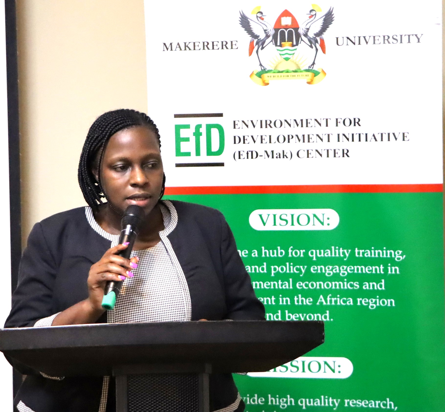 Getrude Basima, Commissioner Ministry of Agriculture speaking to the participants. The high-level annual workshop organised by the Environment for Development (EfD) Makerere University Centre through its regional Inclusive Green Economy (IGE) Programme to draw a roadmap for accelerating the adoption of Climate Smart Agriculture (CSA) as Uganda struggles with rising climate shocks, stagnating agricultural productivity and worsening poverty levels, held on December 4, 2025 at the Sheraton Kampala Hotel, Uganda, East Africa.