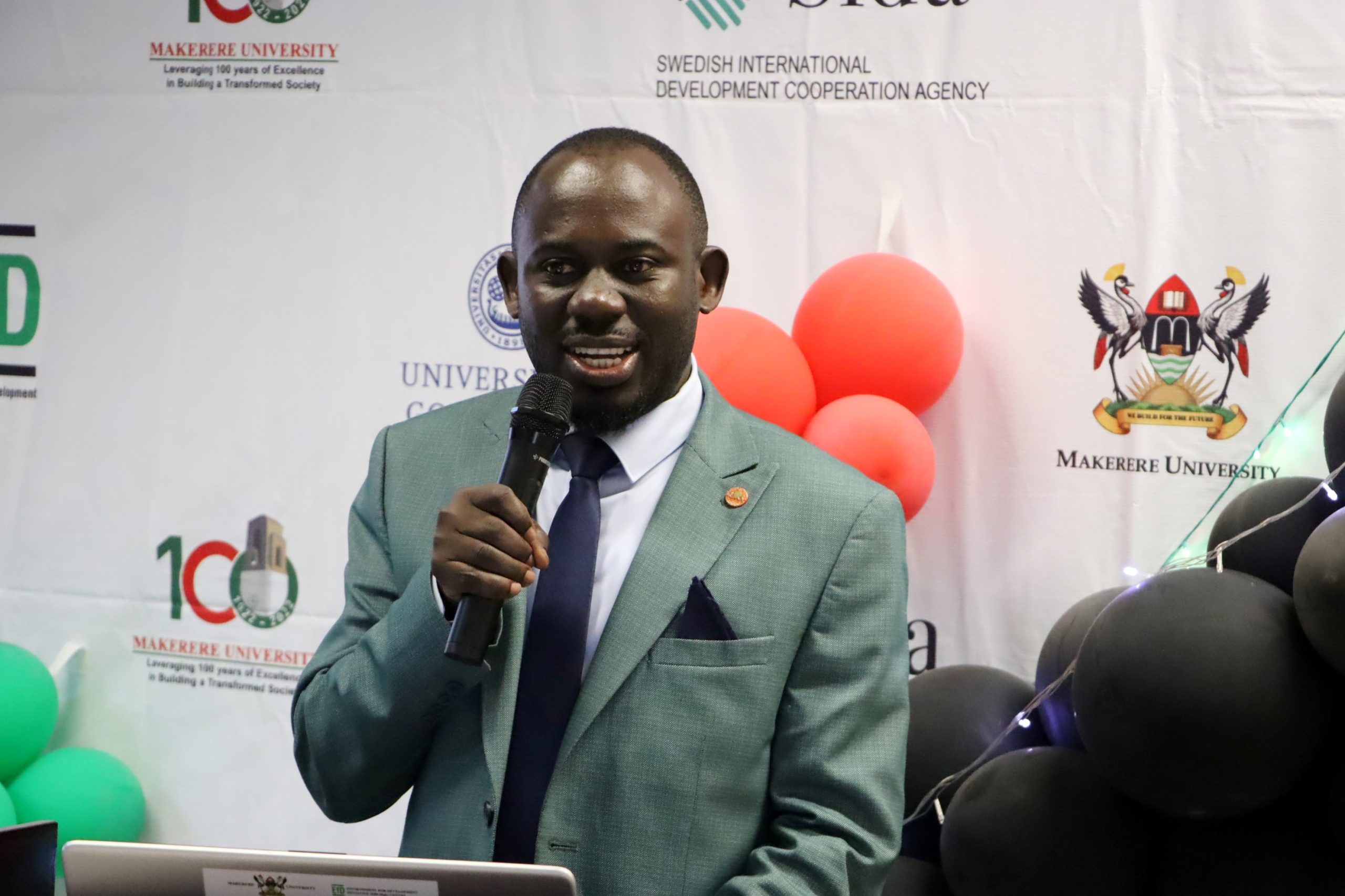 Dr. Peter Babyenda speaking during the party. Environment for Development (EfD) Uganda Centre at Makerere University taking stock of 2025 achievements and outlining strategic direction for 2025–2029, with a strong focus on energy transition, climate change, and sustainable natural resource management, Yusuf Lule Central Teaching Facility, Kampala Uganda, East Africa, 19th December 2025.