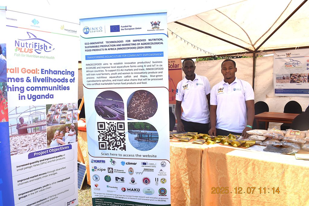 Students showcasing some of the products developed under the INNOECOFOOD Project at CoNAS. Makerere University, through the College of Natural Sciences (CoNAS), recognized for its outstanding contribution to the development of the fisheries sector in Uganda, award was presented during the Sustainable Fisheries, Aquaculture, and Environmental Awards Ceremony at the 7th edition of the Jinja Fish Festival, 6th–7th December 2025, Across the Nile Resort, along the banks of the River Nile, Njeru Municipality, Buikwe District, Uganda, East Africa.
