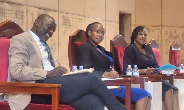Prof. Sarah Ssali (Centre) flanked by Prof. Julius Kikooma (Left) and Dr. Dorothy Sebbowa Kyagaba (Right) at the certificate award ceremony on 15th December 2025. Graduate Supervision and Mentorship Course and PhD Students who successfully undertook the University’s compulsory cross-cutting doctoral courses Certificate Award Ceremony, Yusuf Lule Central Teaching Facility Auditorium, 15 December, 2025, Makerere University, Kampala Uganda, East Africa.