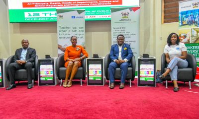 Dr. Winifred Kabumbuli (2nd Left) with Left to Right: Dr. Rodney Rugyema, Mr. Ambrose Murangira, and Ms. Donna Keirungi at the event on 12th December 2025. Capacity building session on inclusion for Students and Staff with Disabilities organized by the Office of the Dean of Students on Friday December 12, 2025, Makerere University School of Public Health Auditorium, Kampala Uganda, East Africa.