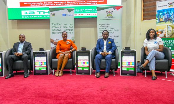 Dr. Winifred Kabumbuli (2nd Left) with Left to Right: Dr. Rodney Rugyema, Mr. Ambrose Murangira, and Ms. Donna Keirungi at the event on 12th December 2025. Capacity building session on inclusion for Students and Staff with Disabilities organized by the Office of the Dean of Students on Friday December 12, 2025, Makerere University School of Public Health Auditorium, Kampala Uganda, East Africa.