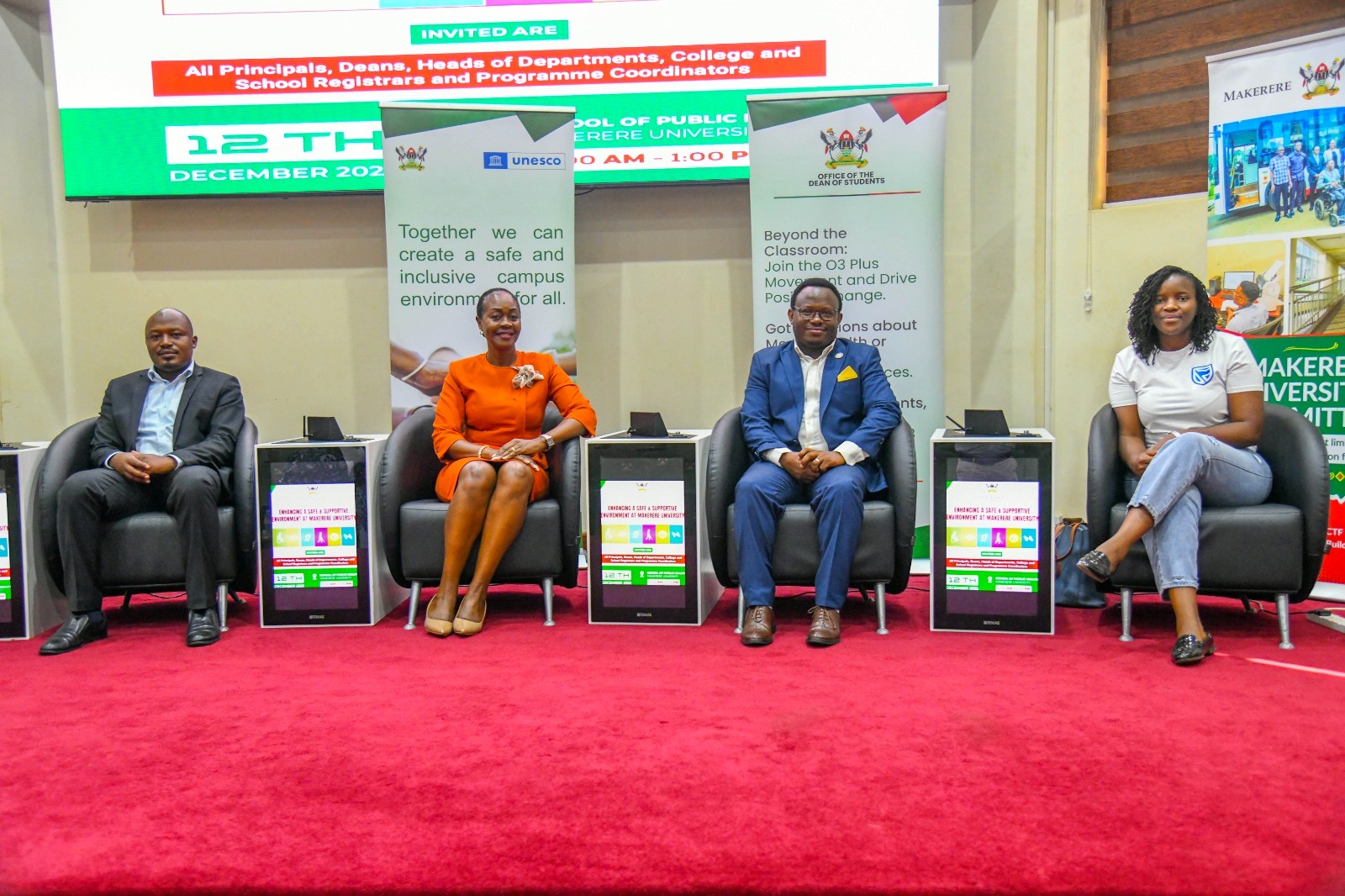 Dr. Winifred Kabumbuli (2nd Left) with Left to Right: Dr. Rodney Rugyema, Mr. Ambrose Murangira, and Ms. Donna Keirungi at the event on 12th December 2025. Capacity building session on inclusion for Students and Staff with Disabilities organized by the Office of the Dean of Students on Friday December 12, 2025, Makerere University School of Public Health Auditorium, Kampala Uganda, East Africa.
