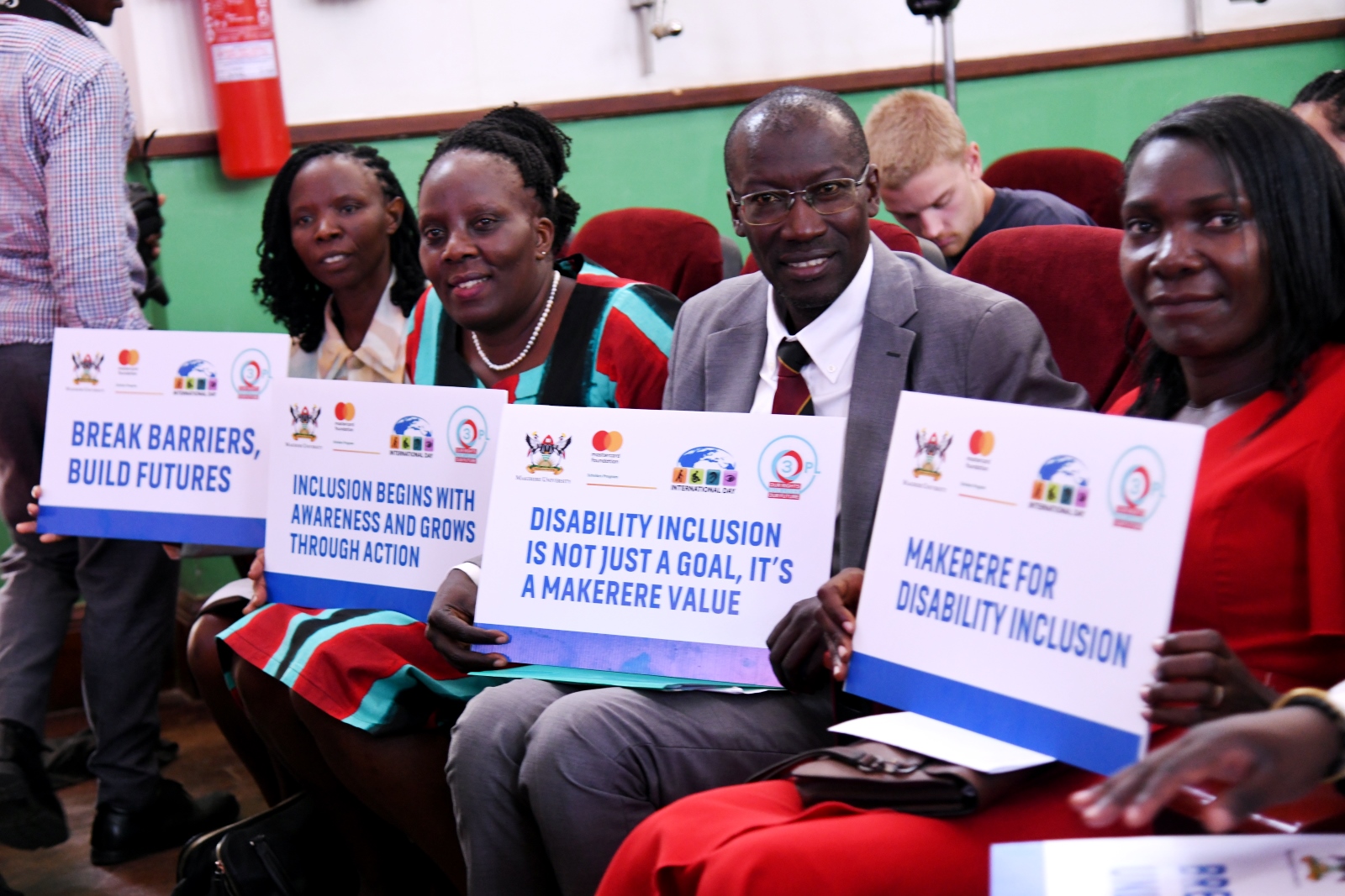 Prof. Frank Norbert Mwiine (2nd Right), with Assoc. Prof. Ruth Nalumaga (2nd Left) and other officials at the event. Makerere University International Day of Persons with Disabilities Celebration, a moment dedicated to reflection on inclusion and shared responsibility organised by the Dean of Students and 91st Guild Ministry of Students with Disabilities, 1st December 2025, Main Hall, Kampala Uganda, East Africa.