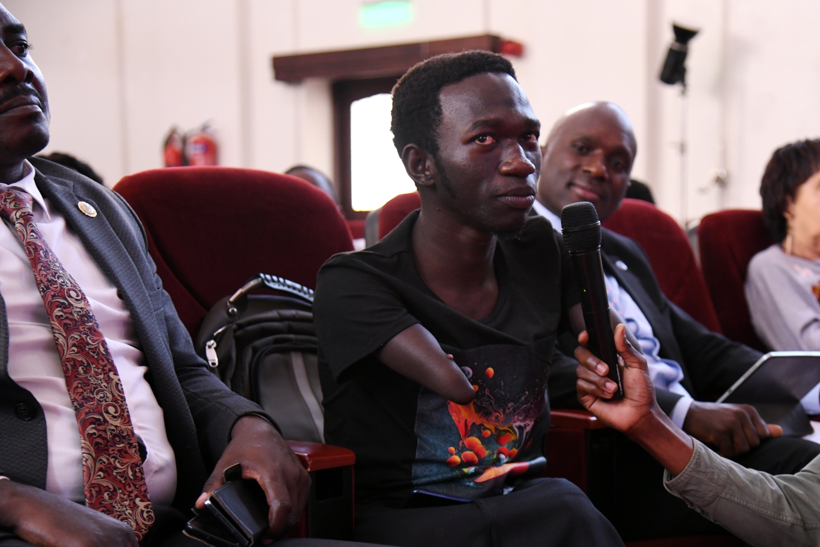 Sabiri Mungufeni contributes to the day's discussion. Makerere University International Day of Persons with Disabilities Celebration, a moment dedicated to reflection on inclusion and shared responsibility organised by the Dean of Students and 91st Guild Ministry of Students with Disabilities, 1st December 2025, Main Hall, Kampala Uganda, East Africa.