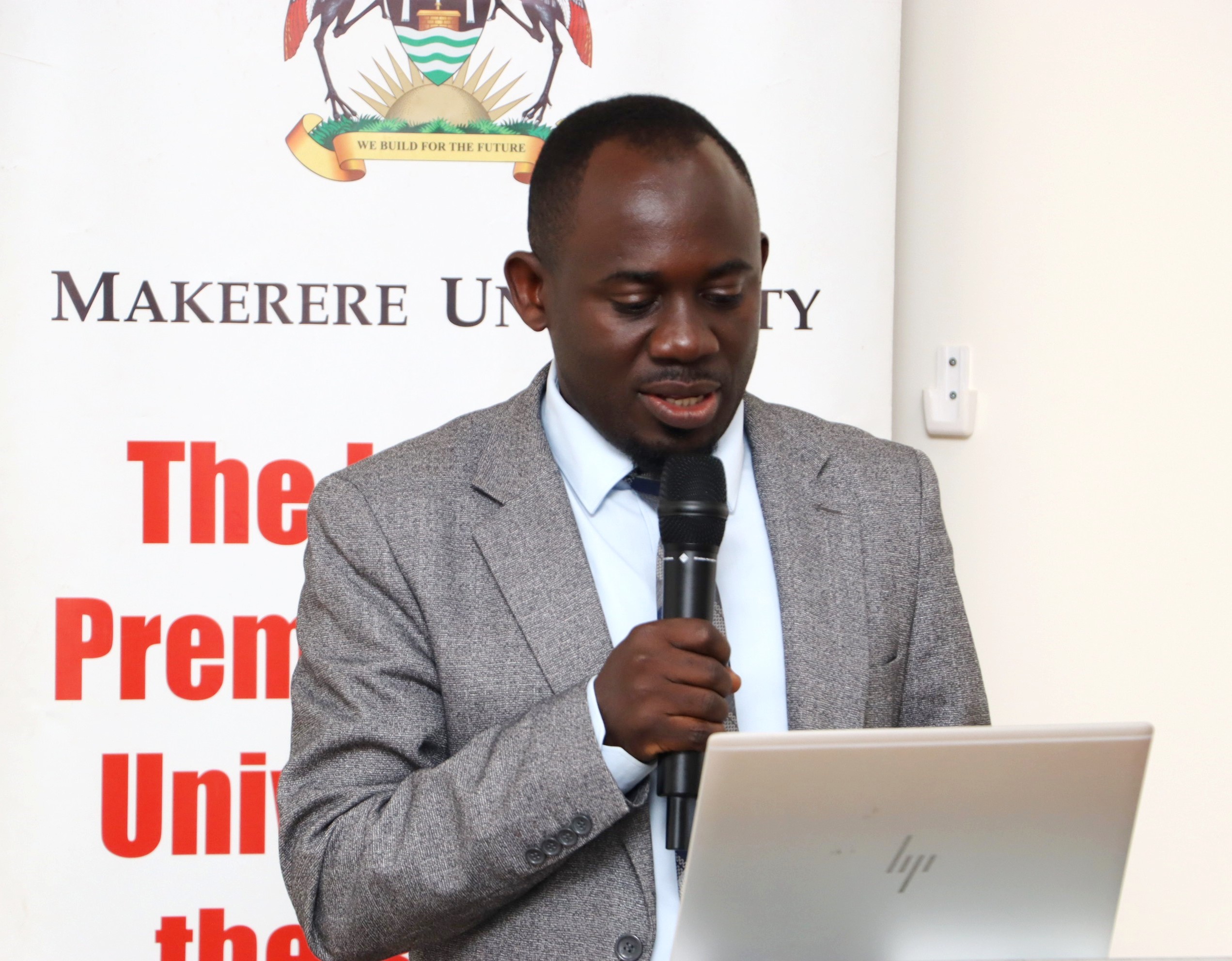 Dr. Peter Babyenda wrapping up the key takeaways from the meeting. Makerere University high-level policy dialogue bringing together the Environment for Development (EfD-Mak) Centre, Green Gas + Reforestation + Offset (GRO)  and  Bank of Uganda, to explore alternative financing mechanisms for climate action and sustainable development, 3rd December 2025, Seminar Room 1, Main Building, Makerere University, Kampala Uganda, East Africa.