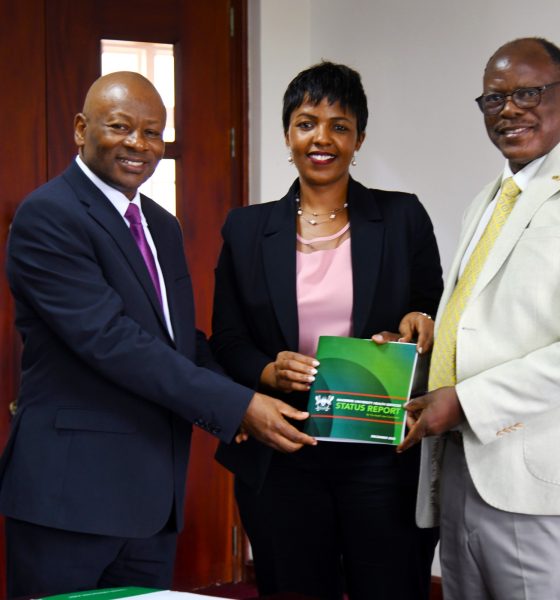 Prof. Barnabas Nawangwe (Right) receives the Mak-HUC Status Report from the Chairperson-Dr. Allen Kabagenyi (Centre) and Chief MakHC-Prof. Josaphat Byamugisha (Left) on 11th December 2025. Makerere University Health User Committee (Mak-HUC)—established by the Vice Chancellor in 2022 as part of his strategic mandate to strengthen and oversee the University’s health service delivery-official handover of status report, 11th December 2025, Main Building, Kampala Uganda, East Africa.