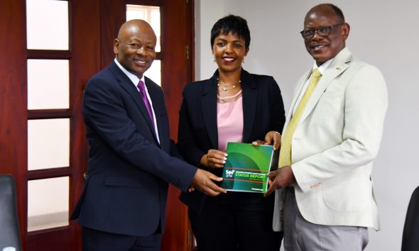 Prof. Barnabas Nawangwe (Right) receives the Mak-HUC Status Report from the Chairperson-Dr. Allen Kabagenyi (Centre) and Chief MakHC-Prof. Josaphat Byamugisha (Left) on 11th December 2025. Makerere University Health User Committee (Mak-HUC)—established by the Vice Chancellor in 2022 as part of his strategic mandate to strengthen and oversee the University’s health service delivery-official handover of status report, 11th December 2025, Main Building, Kampala Uganda, East Africa.