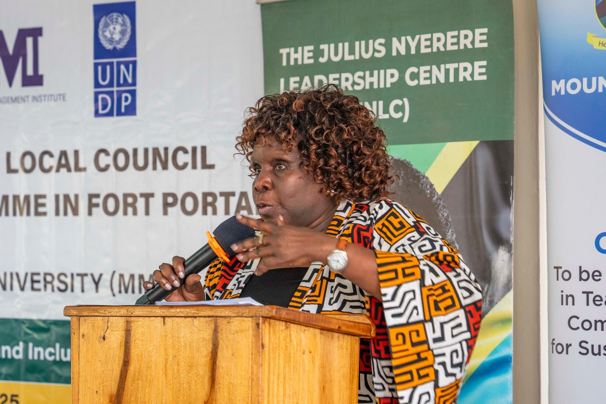 Dr. Nansozi K. Muwanga, Executive Director of JNLC makes her remarks. Makerere University, Julius Nyerere Leadership Centre (JNLC) in partnership with the United Nations Development Programme (UNDP), three-day comprehensive leadership training targeting youth, young women, and local council leaders for more than 70 participants starting 4th December 2025 at Mountains of the Moon University (MMU) in Fort Portal City Uganda, East Africa.