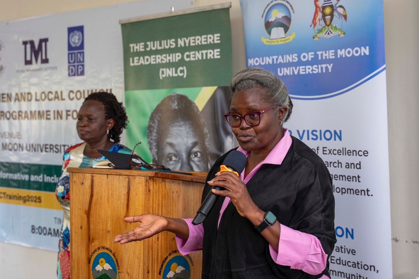 Facilitators: Professor Consolata Kabonesa (Right) and Ms. Teddy Namutebi (Left). Makerere University, Julius Nyerere Leadership Centre (JNLC) in partnership with the United Nations Development Programme (UNDP), three-day comprehensive leadership training targeting youth, young women, and local council leaders for more than 70 participants starting 5th December 2025 at Mountains of the Moon University (MMU) in Fort Portal City Uganda, East Africa.