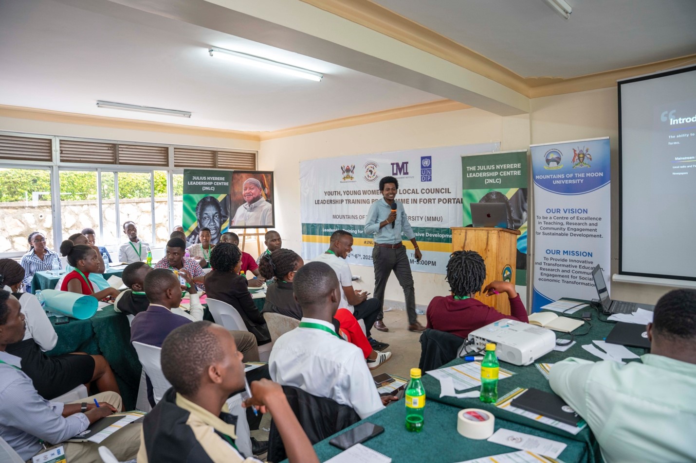 Facilitator: Mr. Ivan Ssegawa Sebastian engaging the participants. Makerere University, Julius Nyerere Leadership Centre (JNLC) in partnership with the United Nations Development Programme (UNDP), three-day comprehensive leadership training targeting youth, young women, and local council leaders for more than 70 participants starting 5th December 2025 at Mountains of the Moon University (MMU) in Fort Portal City Uganda, East Africa.