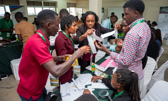 Participants concentrate on a team building exercise on Day 2 of the training. Makerere University, Julius Nyerere Leadership Centre (JNLC) in partnership with the United Nations Development Programme (UNDP), three-day comprehensive leadership training targeting youth, young women, and local council leaders for more than 70 participants starting 5th December 2025 at Mountains of the Moon University (MMU) in Fort Portal City Uganda, East Africa.