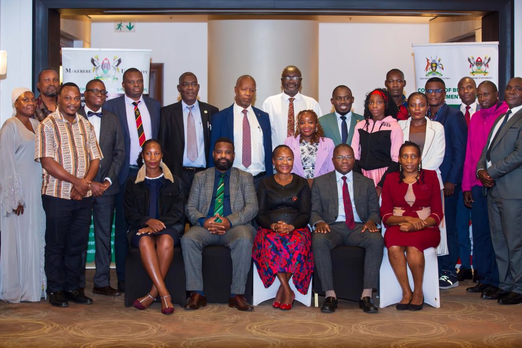 Stakeholders from Makerere and other Universities pose for a group photo at the event. Makerere University launch of Government of Uganda through the Makerere University Research and Innovations Fund (Mak-RIF)-funded knowledge-sharing platform designed to bridge research, education, and community outreach, with the aim of accelerating innovation and economic development in Uganda, December 2025, Kampala Sheraton Hotel, East Africa.
