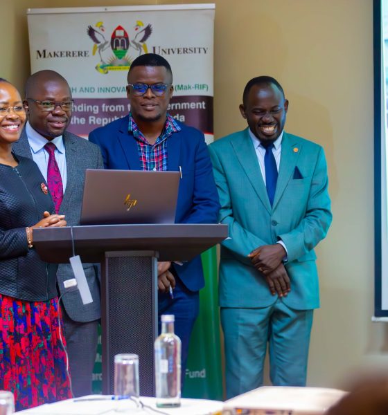 Left to Right: Prof. Sarah Ssali, Prof. Ibrahim Mike Okumu, Mr. David Kisitu and Dr. Peter Babyenda at the launch of the Platform. Makerere University launch of Government of Uganda through the Makerere University Research and Innovations Fund (Mak-RIF)-funded knowledge-sharing platform designed to bridge research, education, and community outreach, with the aim of accelerating innovation and economic development in Uganda, December 2025, Kampala Sheraton Hotel, East Africa.