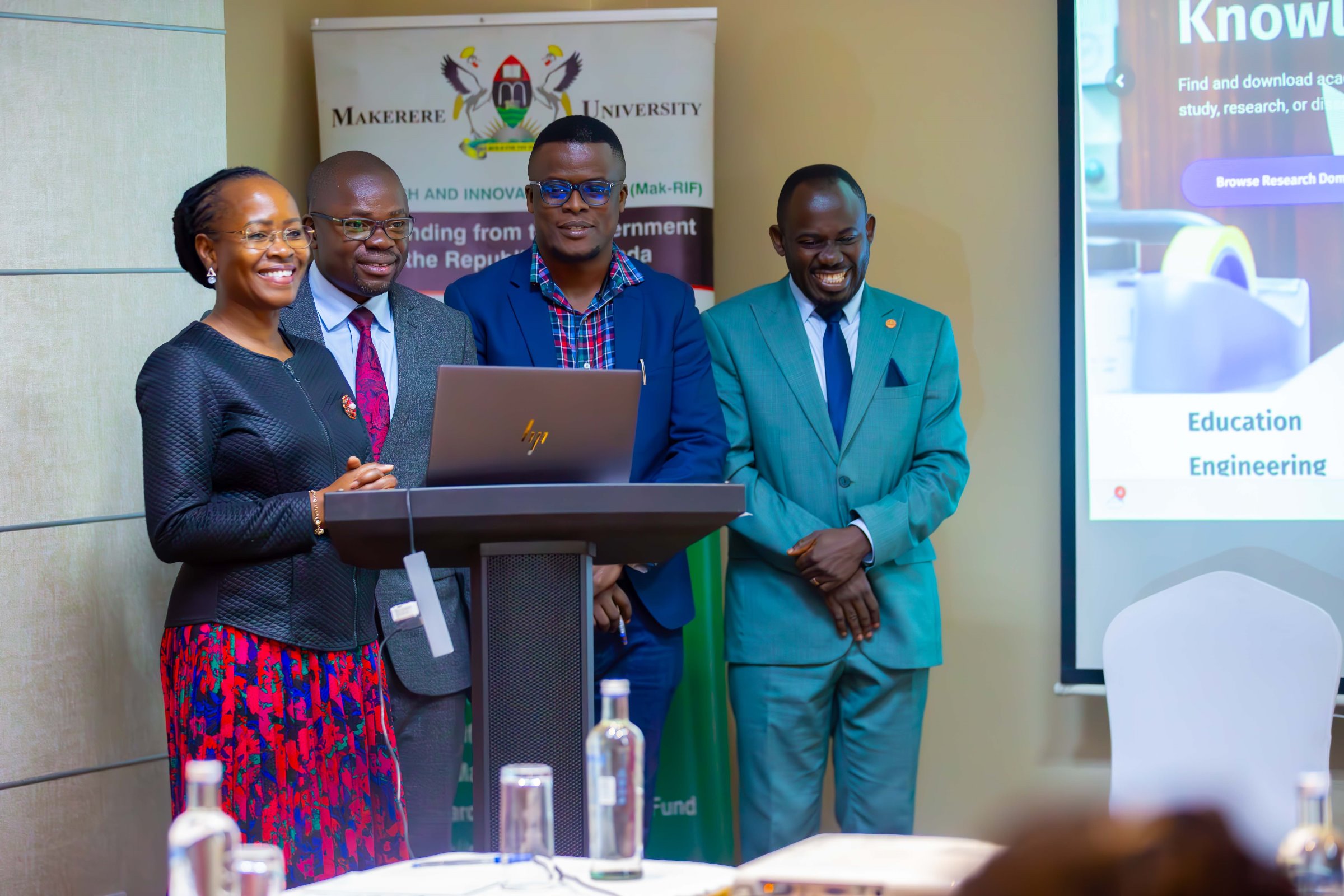 Left to Right: Prof. Sarah Ssali, Prof. Ibrahim Mike Okumu, Mr. David Kisitu and Dr. Peter Babyenda at the launch of the Platform. Makerere University launch of Government of Uganda through the Makerere University Research and Innovations Fund (Mak-RIF)-funded knowledge-sharing platform designed to bridge research, education, and community outreach, with the aim of accelerating innovation and economic development in Uganda, December 2025, Kampala Sheraton Hotel, East Africa.
