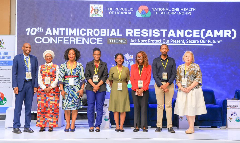Part of the study team, led by Assoc. Prof. David Musoke (extreme left), at the recent 10th National AMR Conference in Kampala on November 19, 2025, organised by the Ministry of Health, where they presented evidence from the two studies in Wakiso generated through the NTU–Mak Partnership.