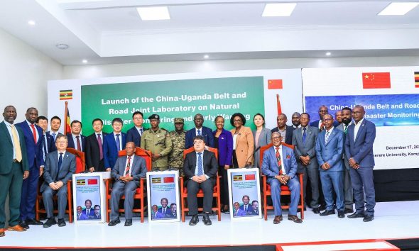 A group photo of Participants at the official launch of the China–Uganda Belt and Road Joint Laboratory on Natural Disaster Monitoring and Early Warning. Official launch of the China–Uganda Belt and Road Joint Laboratory on Natural Disaster Monitoring and Early Warning, a flagship collaboration with Tsinghua University of China, 17 December, 2025, Main Building, Makerere University, Kampala Uganda, East Africa.