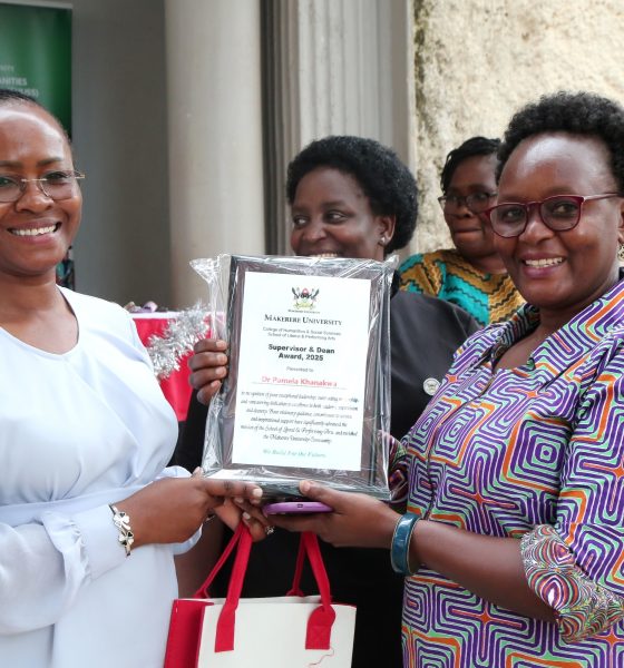 DVC (AA) Prof. Sarah Ssali hands over a plaque to Dr. Pamela Khanakwa during CHUSS End of year party on 12th December 2025. Dr. Pamela Khanakwa Honored for Steering Record 18 PhD Candidates for the Mak 2026 Graduation, School of Liberal and Performing Arts, College of Humanities and Social Sciences (CHUSS), Makerere University, Kampala Uganda, East Africa.