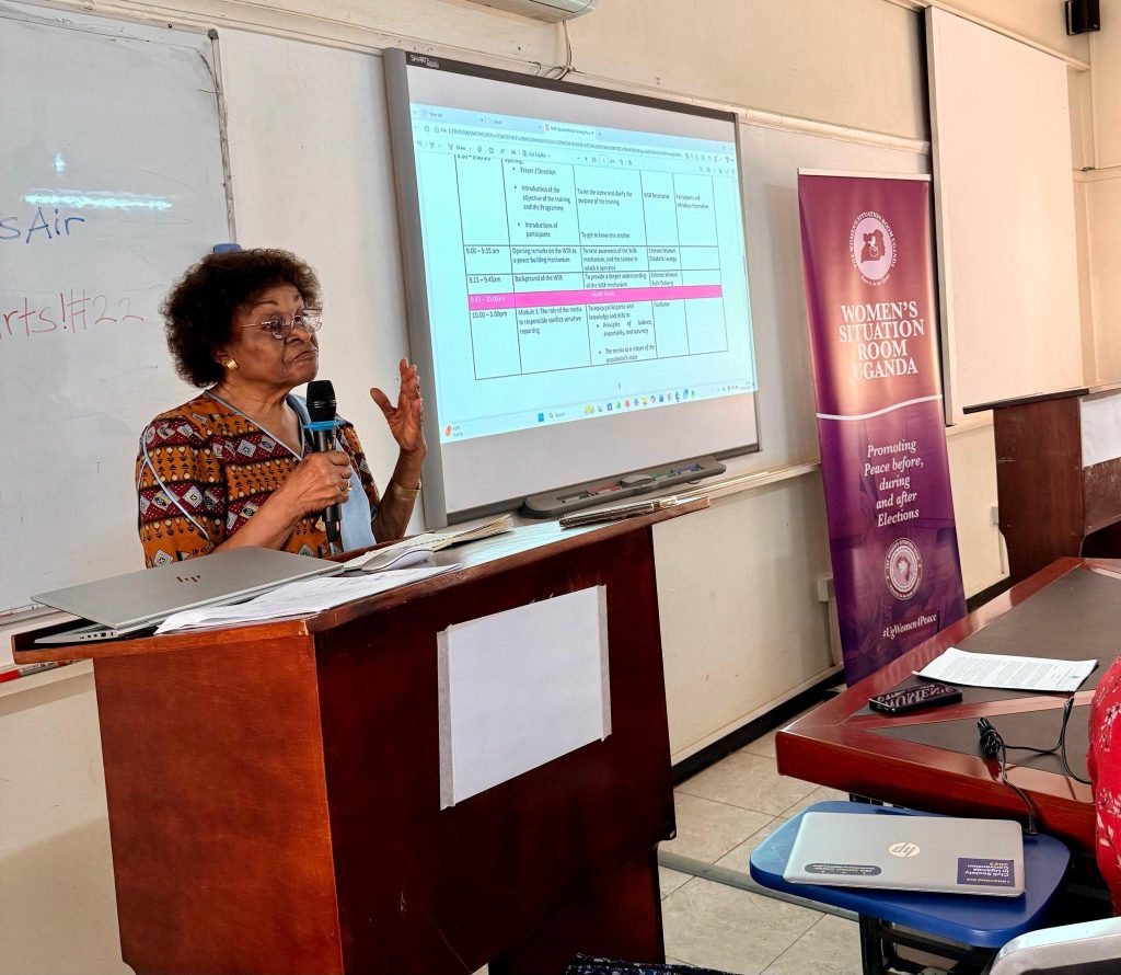 Justice Mary Mayitum, Ugandan journalists specialized training on peace and gender-sensitive reporting to ensure responsible media coverage during the election period, held 8th-9th January 2026 at Makerere University’s College of Humanities and Social Sciences Smart Room, Kampala Uganda, East Africa organized by the Women’s Situation Room (WSR).