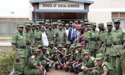 A section of the officer in a group photo at the entrance of the School of Social Sciences, Makerere University. More than 130 cadet officers from Uganda Military Academy (UMA) in Kasambya orientation on library use and access to electronic resources as part of preparations for the Bachelor’s Degree in Defence Studies, 20th November 2025, College of Humanities and Social Sciences (CHUSS), Makerere University, Kampala Uganda, East Africa.