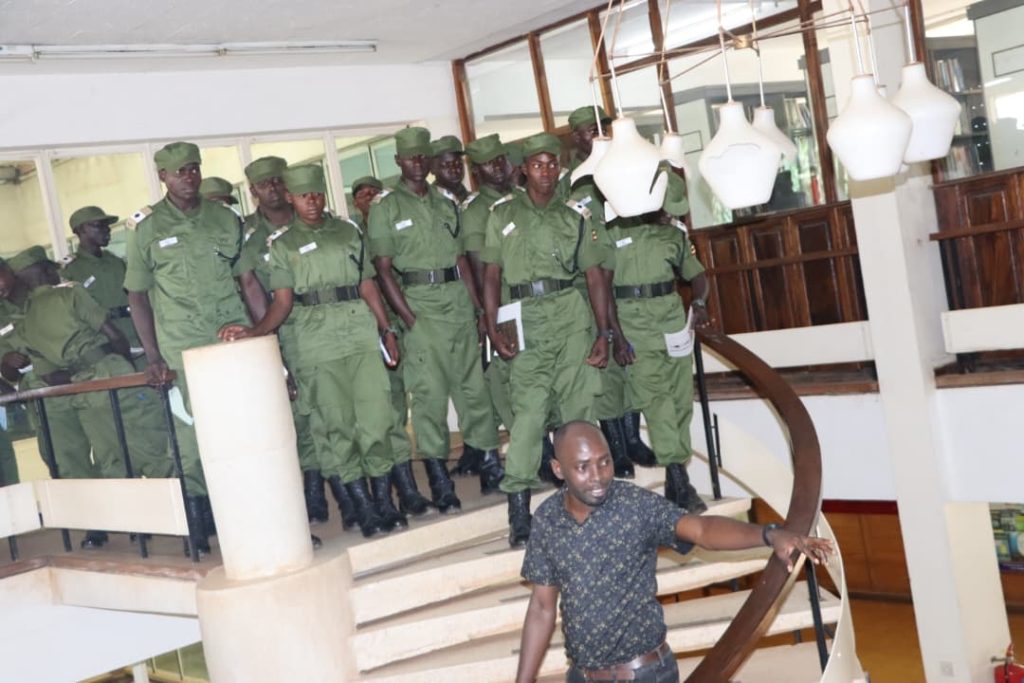 The officers touring the Main Library. More than 130 cadet officers from Uganda Military Academy (UMA) in Kasambya orientation on library use and access to electronic resources as part of preparations for the Bachelor’s Degree in Defence Studies, 20th November 2025, College of Humanities and Social Sciences (CHUSS), Makerere University, Kampala Uganda, East Africa.