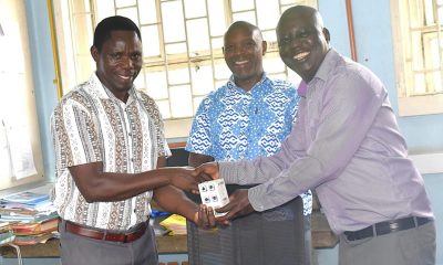 Dr Denis Okello (R) handing over the office stamp to the newly appointed Head, Dr Oruru Bosco. Dr Oruru Bosco appointed Acting Head of the Department of Physics at the College of Natural Sciences (CoNAS), Makerere University, Kampala Uganda, East Africa, effective 1st January 2026. Official handover ceremony, 6th January 2026.