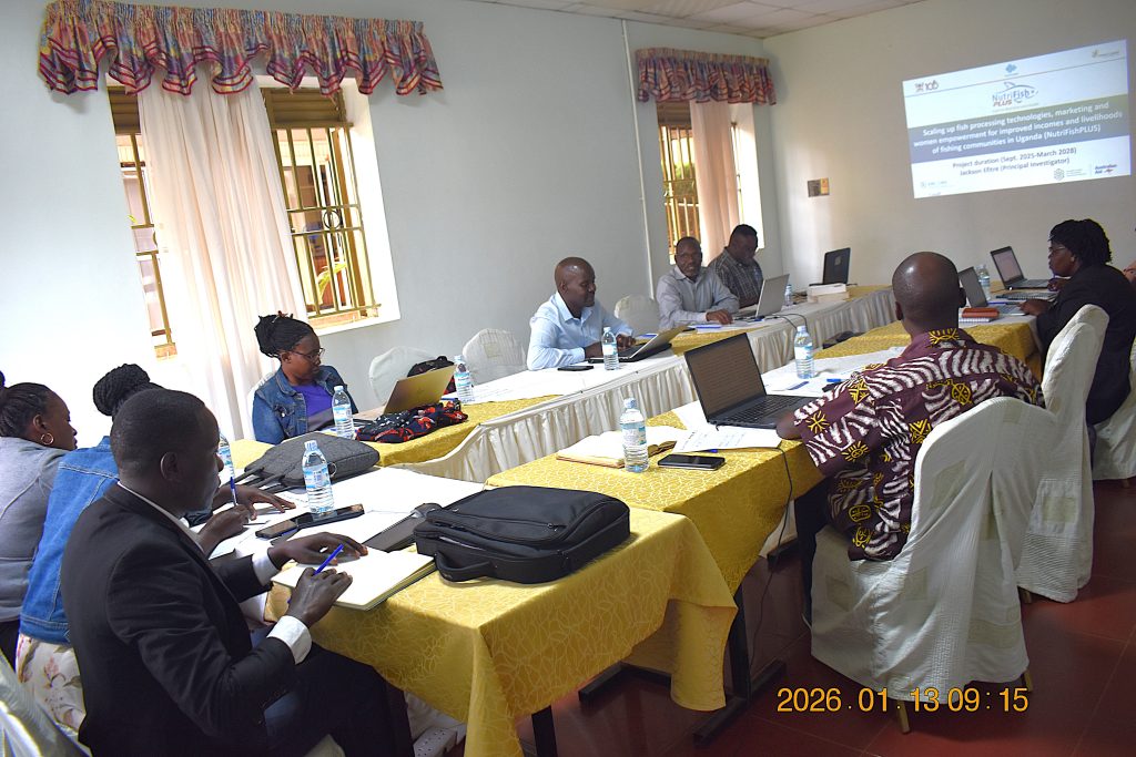 The project team and research assistants during the training. Department of Zoology, Entomology, and Fisheries Sciences at Makerere University, in partnership with Nutreal Ltd and Kati Farms Ltd NutriFishPlus Project team one-day capacity-building training for research assistants on the Monitoring, Evaluation, and Learning (MEL) framework and the household survey tool, 13th January 2026, Ridar Hotel Seeta, Mukono District, Uganda, East Africa.