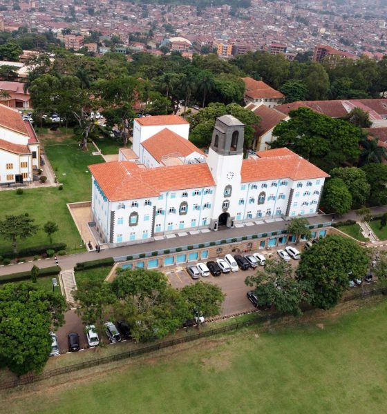 An aerial shot of the Main Building, as taken by a drone over the Freedom Square with Left to Right: CHUSS, St. Francis, St. Augustine and CAES Buildings and the Kikoni area (Background) in view. Makerere University, Kampala Uganda, East Africa.