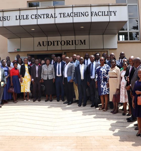 Prof. Mary Okwakol (Centre) with Prof. Sarah Ssali and other leaders of Higher Education Institutions after the CBE minimum standards validation meeting on 23rd January 2026. National Council for Higher Education (NCHE) validation meeting of the draft minimum standards for implementing Competence-Based Education (CBE) in Higher Education Institutions, Yusuf Lule Central Teaching Facility Auditorium, 23rd January 2026, Makerere University, Kampala Uganda, East Africa.