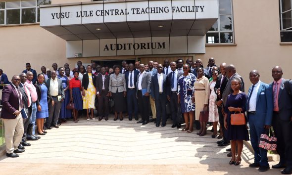 Prof. Mary Okwakol (Centre) with Prof. Sarah Ssali and other leaders of Higher Education Institutions after the CBE minimum standards validation meeting on 23rd January 2026. National Council for Higher Education (NCHE) validation meeting of the draft minimum standards for implementing Competence-Based Education (CBE) in Higher Education Institutions, Yusuf Lule Central Teaching Facility Auditorium, 23rd January 2026, Makerere University, Kampala Uganda, East Africa.