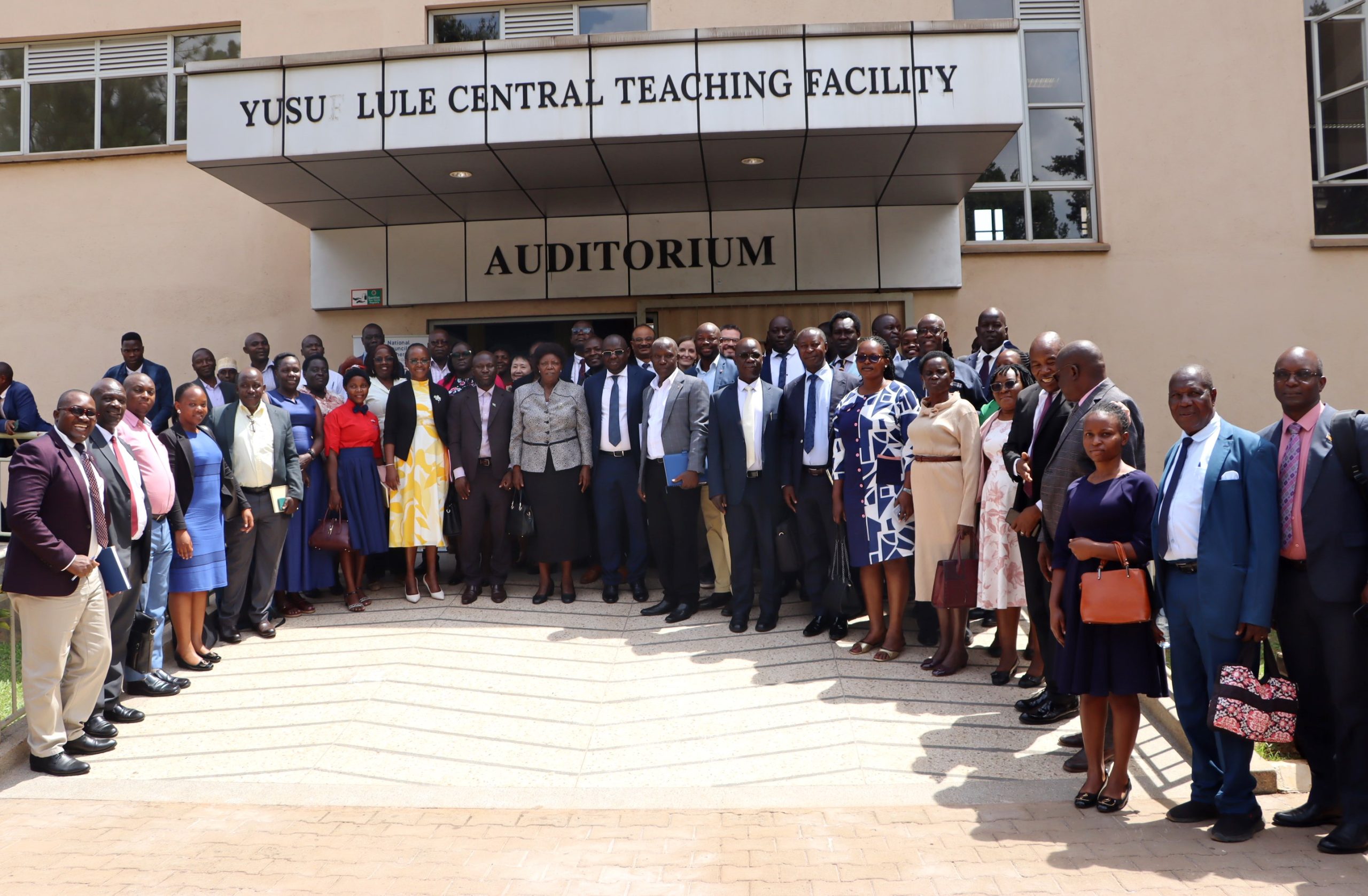 Prof. Mary Okwakol (Centre) with Prof. Sarah Ssali and other leaders of Higher Education Institutions after the CBE minimum standards validation meeting on 23rd January 2026. National Council for Higher Education (NCHE) validation meeting of the draft minimum standards for implementing Competence-Based Education (CBE) in Higher Education Institutions, Yusuf Lule Central Teaching Facility Auditorium, 23rd January 2026, Makerere University, Kampala Uganda, East Africa.
