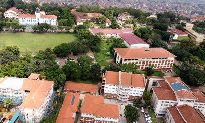 An aerial photo of Clockwise Top Left to Right: St. Francis Chapel, Main Building, CAES, JICA Building, Chemistry Building, Mathematics, School of Statistics, Main Library, Yusuf Lule Central Teaching Facility, CoBAMS, EPRC, IGDS and the Freedom Square. Makerere University, Kampala Uganda, East Africa.