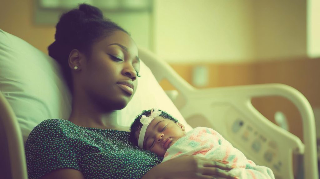 A mother lovingly cradles her newborn baby hospital room.
