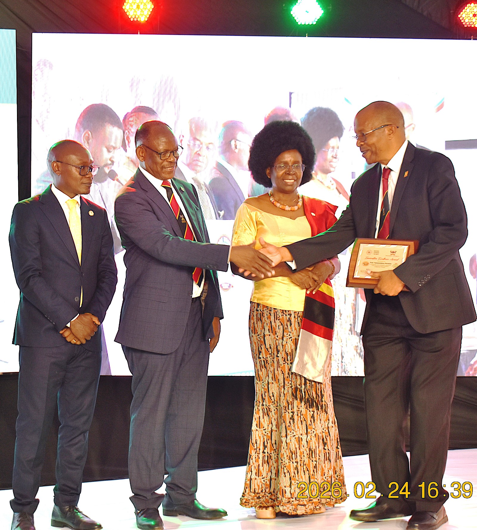 Prof Phinehas Tukamuhabwa from the Department of Crop Science and Horticulture received the Innovation Commercialization Award. 76th Graduation Ceremony, Day 1, College of Agricultural and Environmental Sciences (CAES). Commencement Speaker-Prof. Nicholas Ozor, the Executive Director of the African Technology Policy Studies Network, Nairobi, Kenya. 24th February 202, Freedom Square, Makerere University, Kampala Uganda, East Africa.