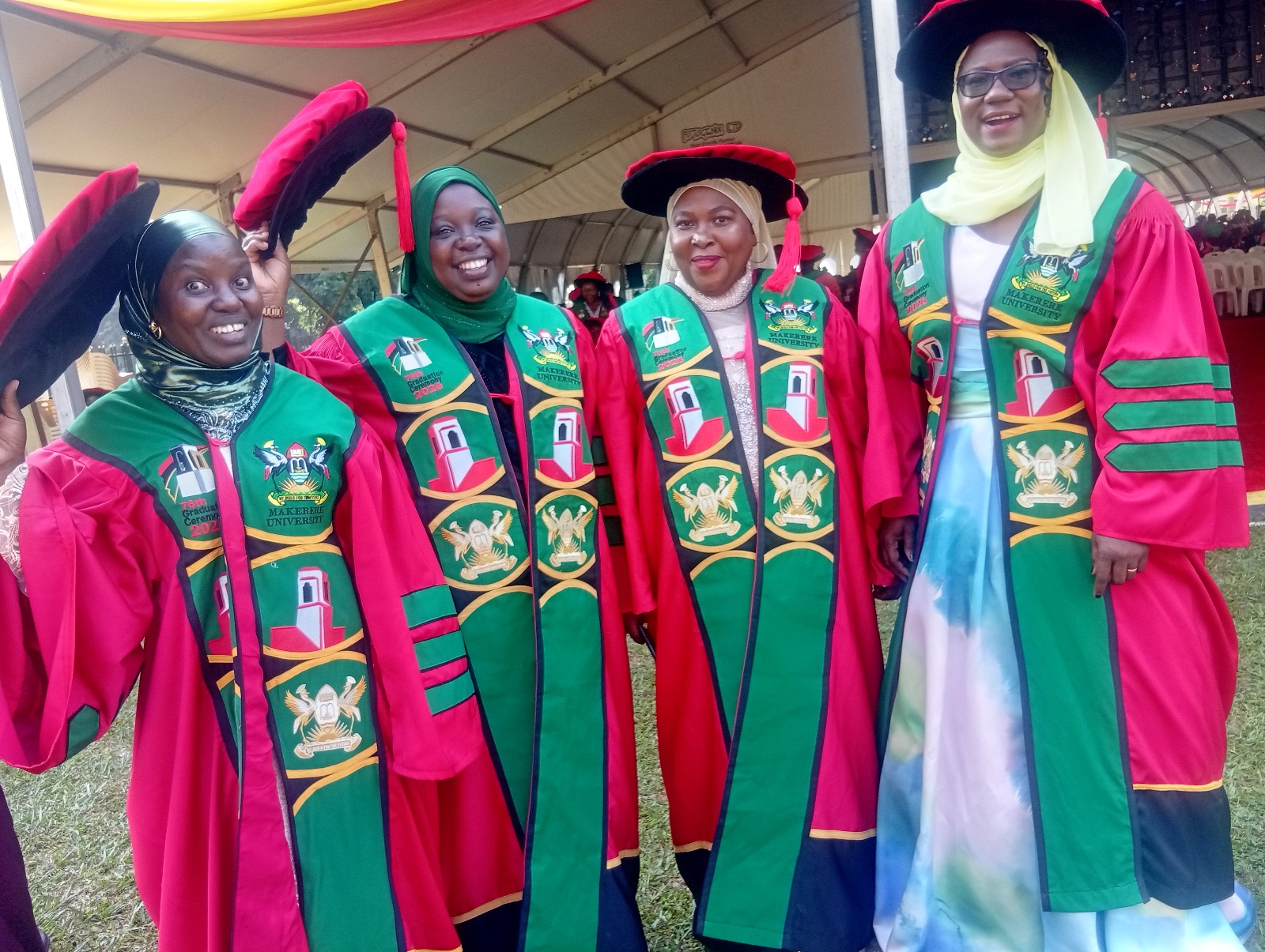 Dr Faridah Nalwanga Sendagire (R) and Dr Zainah Nampijja (L), both lecturers at CAES graduated with PhDs. 76th Graduation Ceremony, Day 1, College of Agricultural and Environmental Sciences (CAES). Commencement Speaker-Prof. Nicholas Ozor, the Executive Director of the African Technology Policy Studies Network, Nairobi, Kenya. 24th February 202, Freedom Square, Makerere University, Kampala Uganda, East Africa.