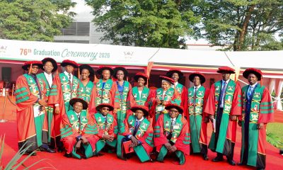 CEES PhD graduands at the 76th graduation Ceremony on 24th February 2026. 76th Graduation Ceremony, Day 1, College of Education and External Studies (CEES). Commencement Speaker-Prof. Nicholas Ozor, the Executive Director of the African Technology Policy Studies Network, Nairobi, Kenya. 24th February 2026, Freedom Square, Kampala Uganda, East Africa.