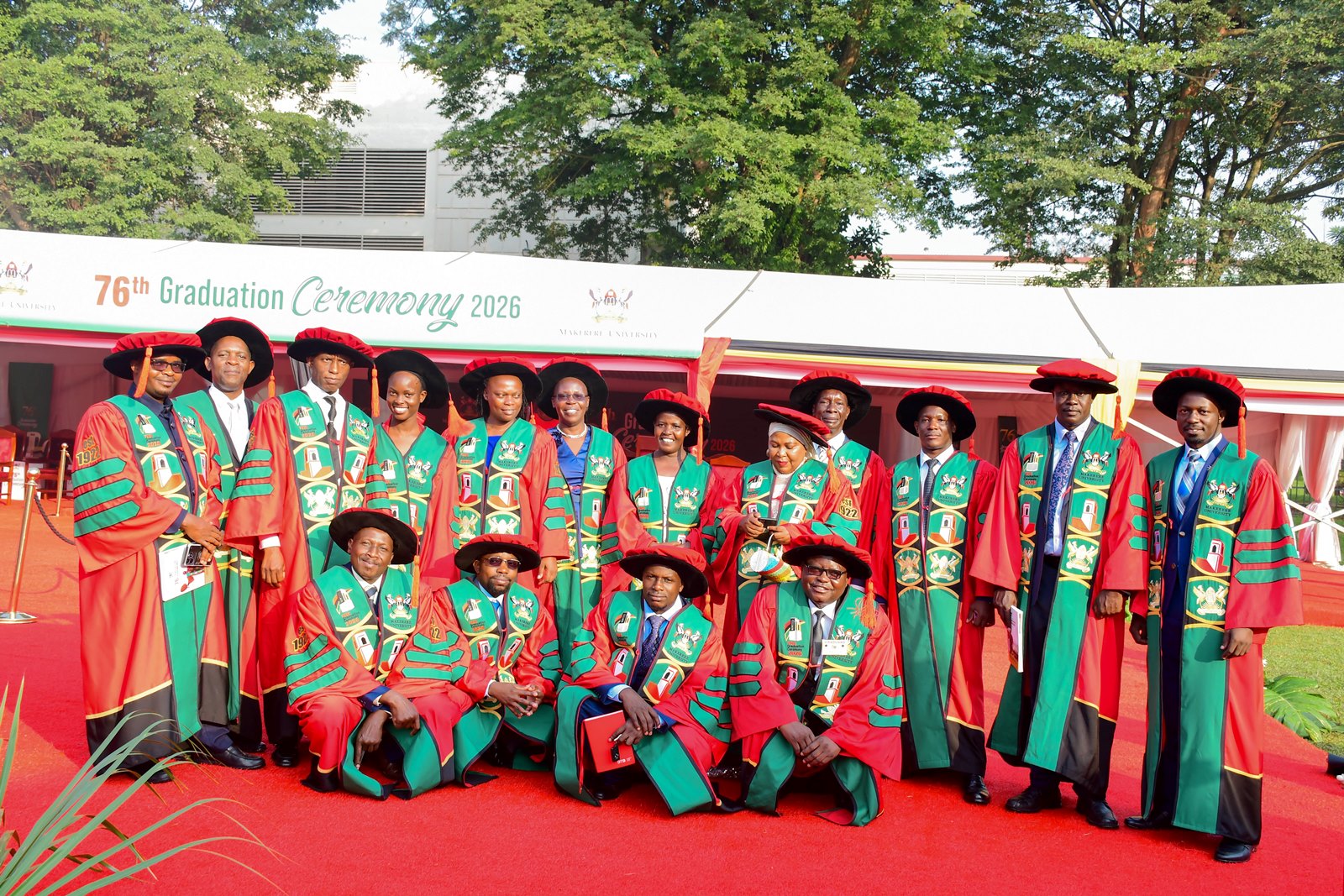 CEES PhD graduands at the 76th graduation Ceremony on 24th February 2026. 76th Graduation Ceremony, Day 1, College of Education and External Studies (CEES). Commencement Speaker-Prof. Nicholas Ozor, the Executive Director of the African Technology Policy Studies Network, Nairobi, Kenya. 24th February 2026, Freedom Square, Kampala Uganda, East Africa.