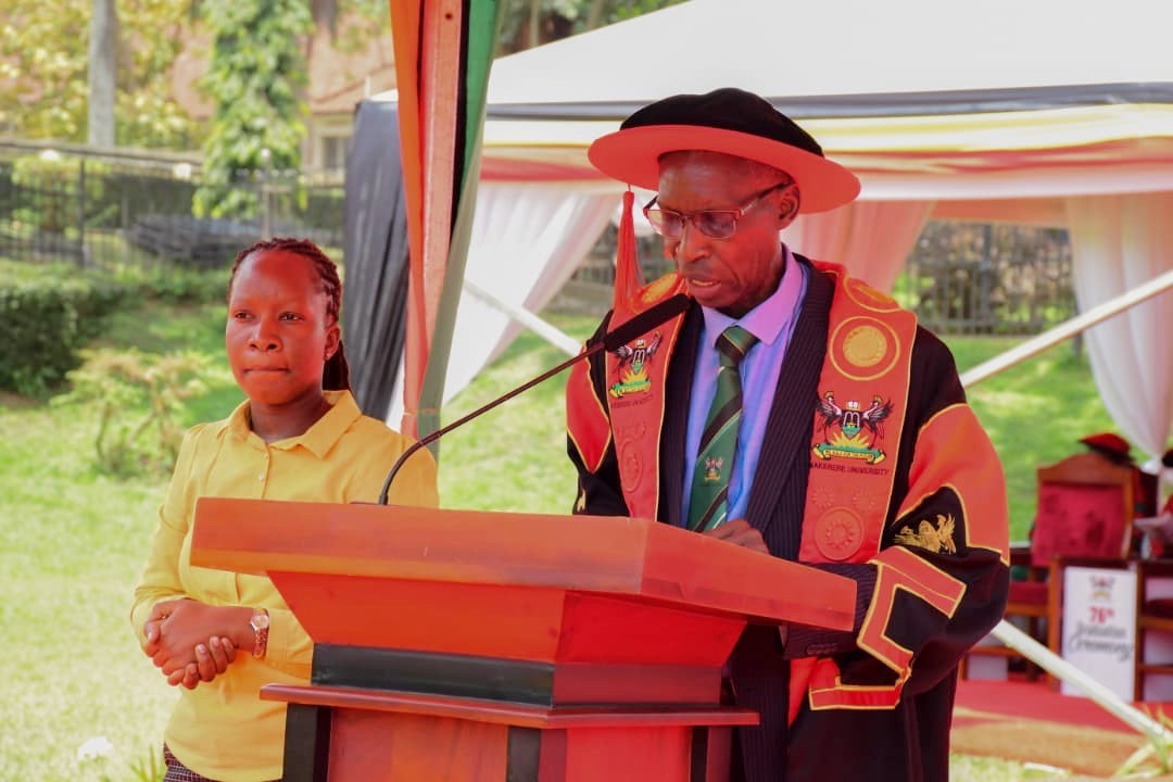 The Principal of CEES, Prof. Anthony Mugagga reading the names of PhD Graduands at the 76th Graduation Ceremony. 76th Graduation Ceremony, Day 1, College of Education and External Studies (CEES). Commencement Speaker-Prof. Nicholas Ozor, the Executive Director of the African Technology Policy Studies Network, Nairobi, Kenya. 24th February 2026, Freedom Square, Kampala Uganda, East Africa.