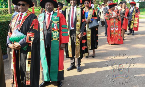 Left to Right: Prof. Barnabas Nawangwe,Prof. Nicholas Ozor, Rt. Hon. Daniel Kidega, Dr. Lorna Magara, Hon. Dr. Joyce Moriku Kaducu, Ms. Anthea Ampaire and Hon. Dr. Crispus Kiyonga in the academic procession. 76th Graduation Ceremony, Day 1, CAES, CoCIS, CEES and School of Law. Commencement Speaker-Prof. Nicholas Ozor, the Executive Director of the African Technology Policy Studies Network, Nairobi, Kenya. 24th February 202, Freedom Square, Makerere University, Kampala Uganda, East Africa.