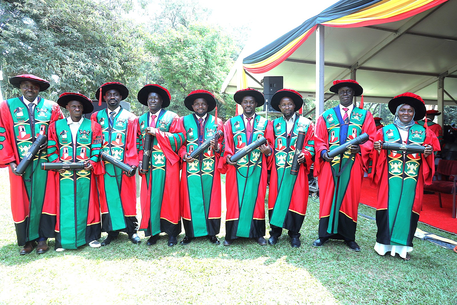 Some of the 16 PhD graduates from CoNAS. 76th Graduation Ceremony, Day 2, College of Natural Sciences (CoNAS). Commencement Speaker-Dr. Margaret J. Kigozi, Makerere University Endowment Fund Chairperson. 25th February 2026, Freedom Square, Kampala Uganda, East Africa.