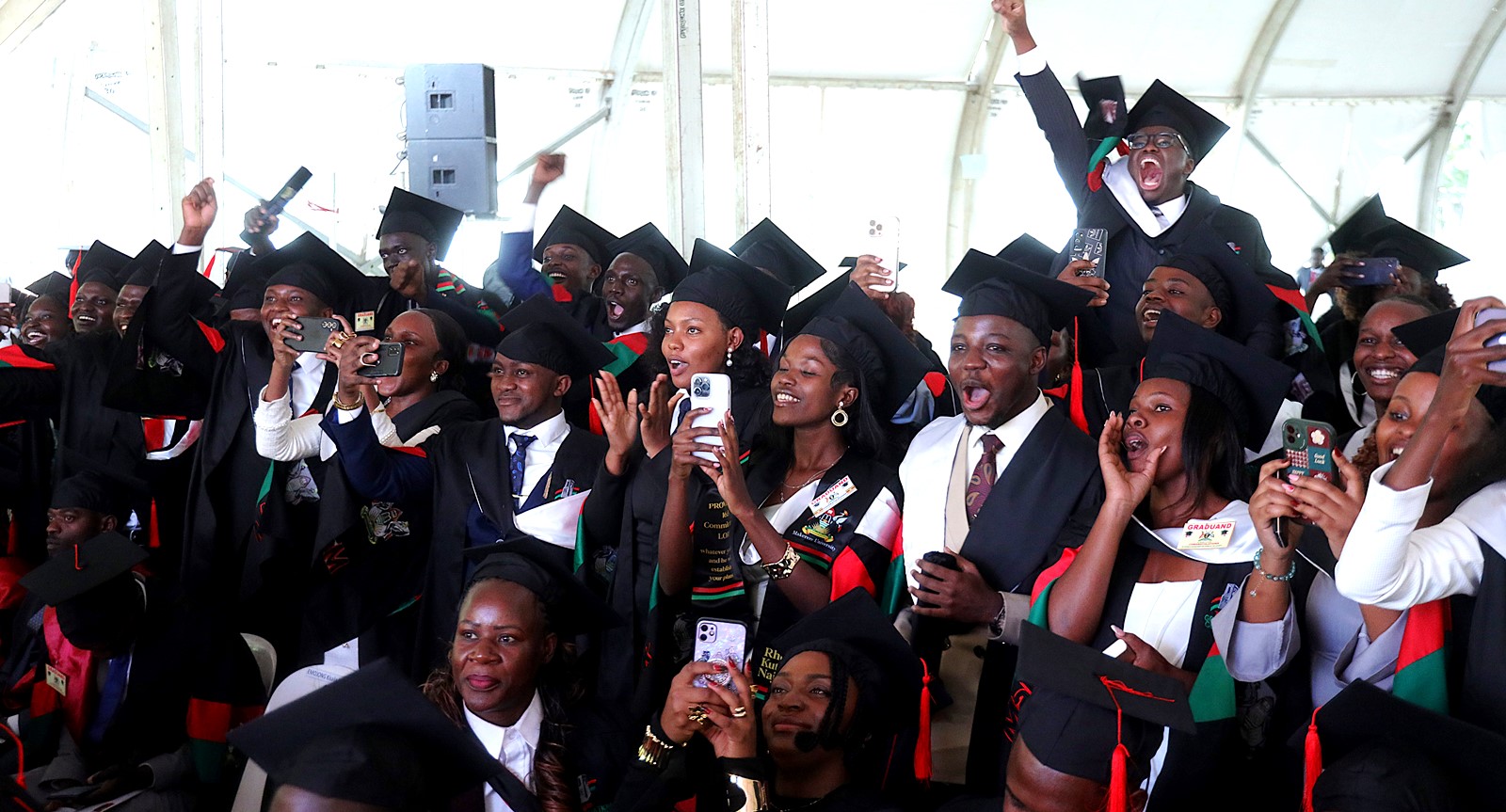 Some of the undergraduate students including the best performing male science student, Simon Mungudit celebrating their victory. 76th Graduation Ceremony, Day 2, College of Natural Sciences (CoNAS). Commencement Speaker-Dr. Margaret J. Kigozi, Makerere University Endowment Fund Chairperson. 25th February 2026, Freedom Square, Kampala Uganda, East Africa.