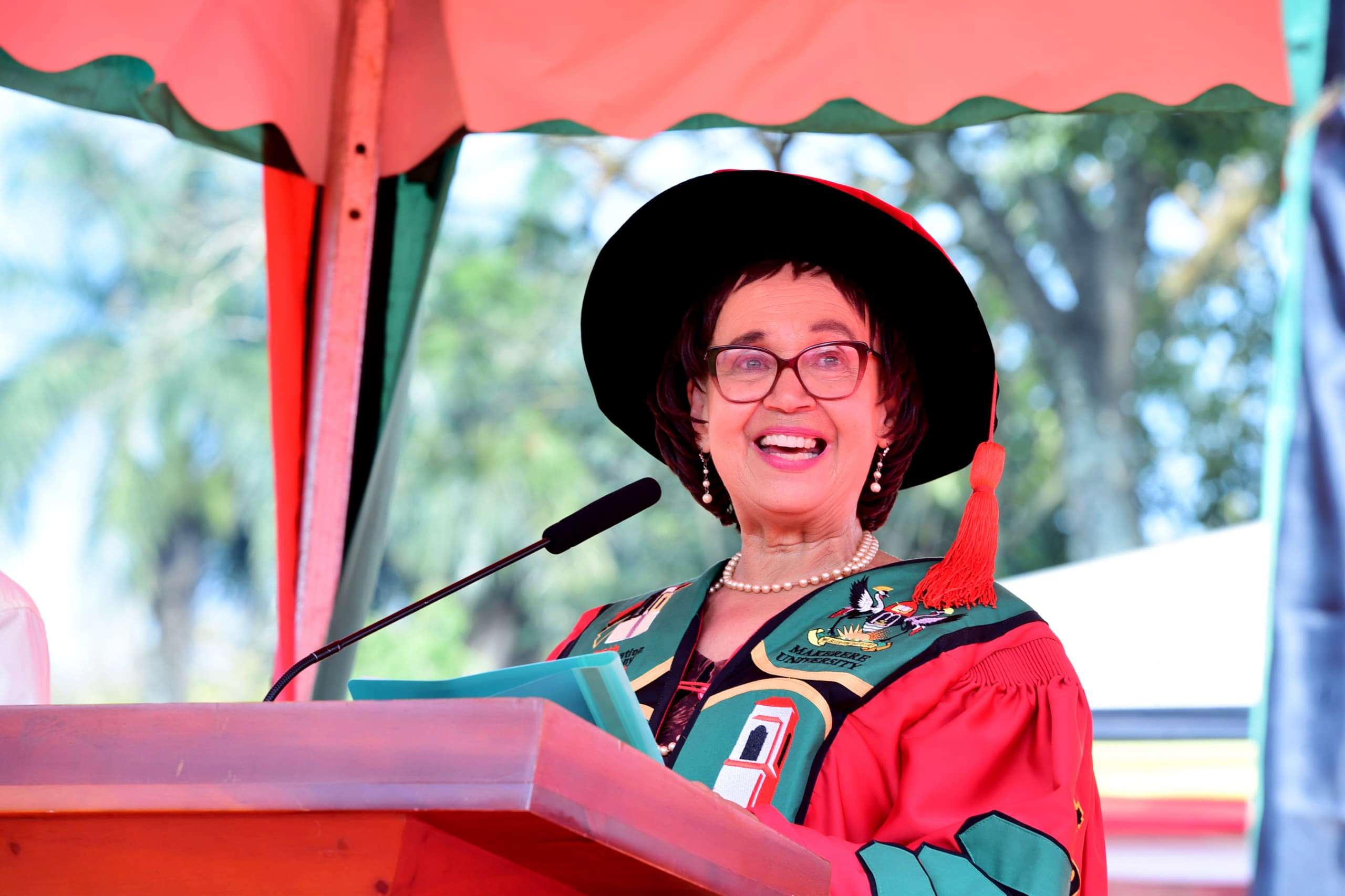 Dr. Maggie Kigozi delivers the Commencement Speech on Day 2 of the 76th Graduation Ceremony. 76th Graduation Ceremony, Day 2, College of Natural Sciences (CoNAS), the College of Veterinary Medicine, Animal Resources and Bio-Security (CoVAB), the College of Health Sciences (CHS) and the School of Public Health (SPH). Commencement Speaker-Dr. Margaret J. Kigozi, Makerere University Endowment Fund Chairperson. 25th February 2026, Freedom Square, Kampala Uganda, East Africa.