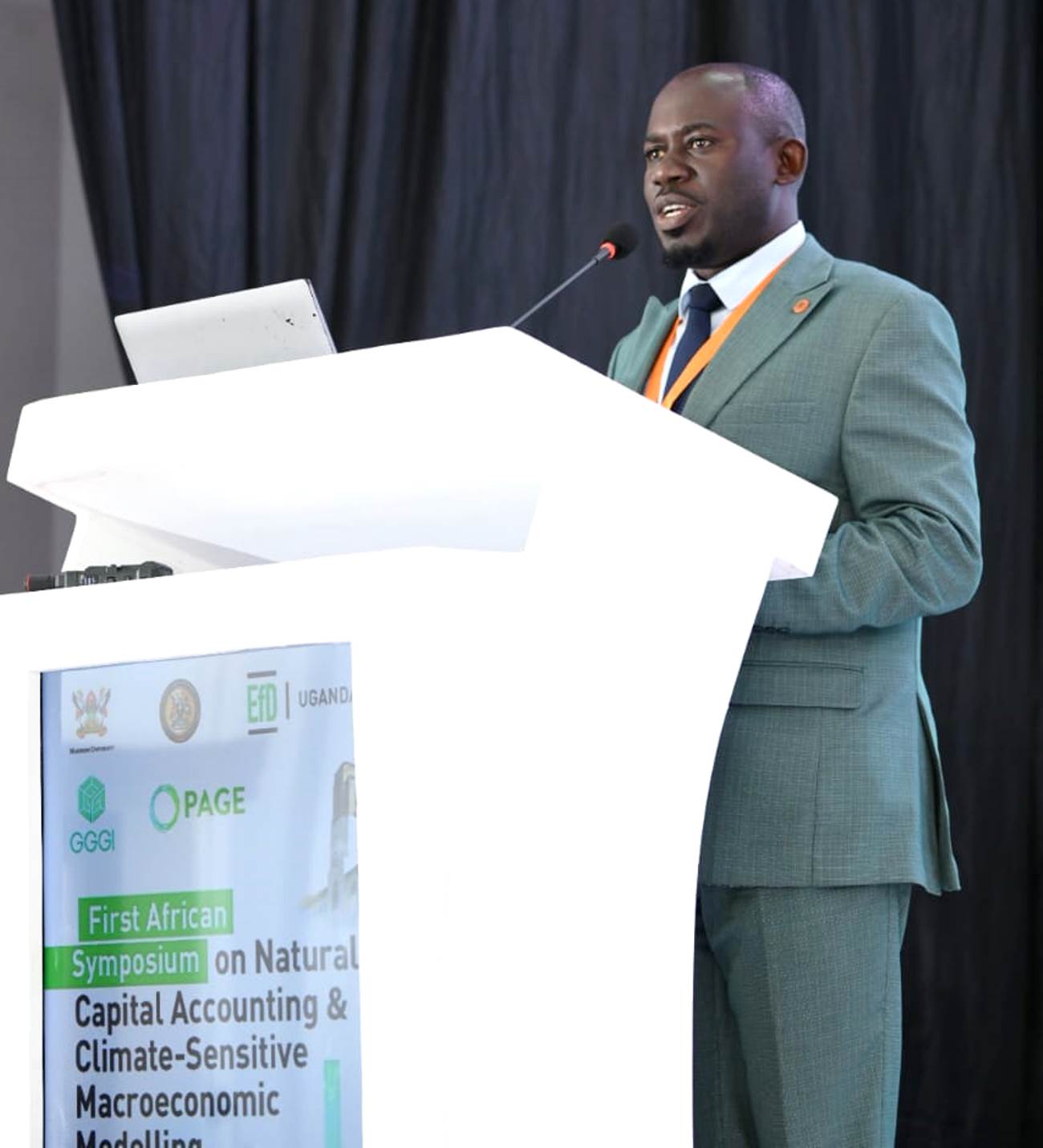 Dr. Peter Babyenda presenting the MONCAP model. First African Symposium on Natural Capital Accounting and Climate-Sensitive Macroeconomic Modelling held on 12th and 13th February 2026, Centre of Excellence for Africa Climate-Sensitive Macroeconomic Modelling (CEACM) a partnership between the Ministry of Finance, Planning and Economic Development (MoFPED), and the Environment for Development Initiative (EfD), Makerere University, Kampala Uganda, East Africa.
