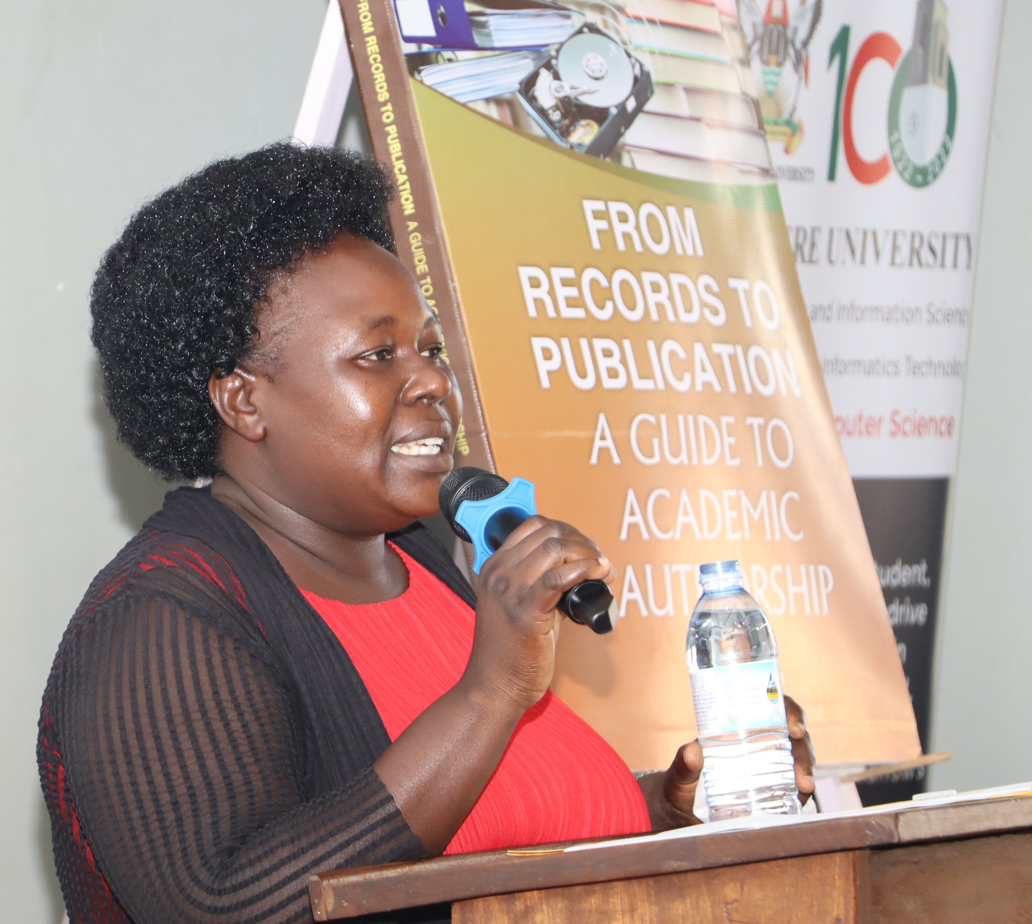 Dr. Sarah Kaddu Dean, EASLIS speaking at the book launch. Launch of "From Records to Publication: A Guide to Academic Authorship", by Prof. Barnabas Nawangwe edited by Prof. Elisam Magara of the East African School of Library and Information Sciences (EASLIS), College of Computing and Information Sciences (CoCIS), 12th February 2026, Telepresence Center, Level 2, Senate Building, Makerere University, Kampala Uganda, East Africa.