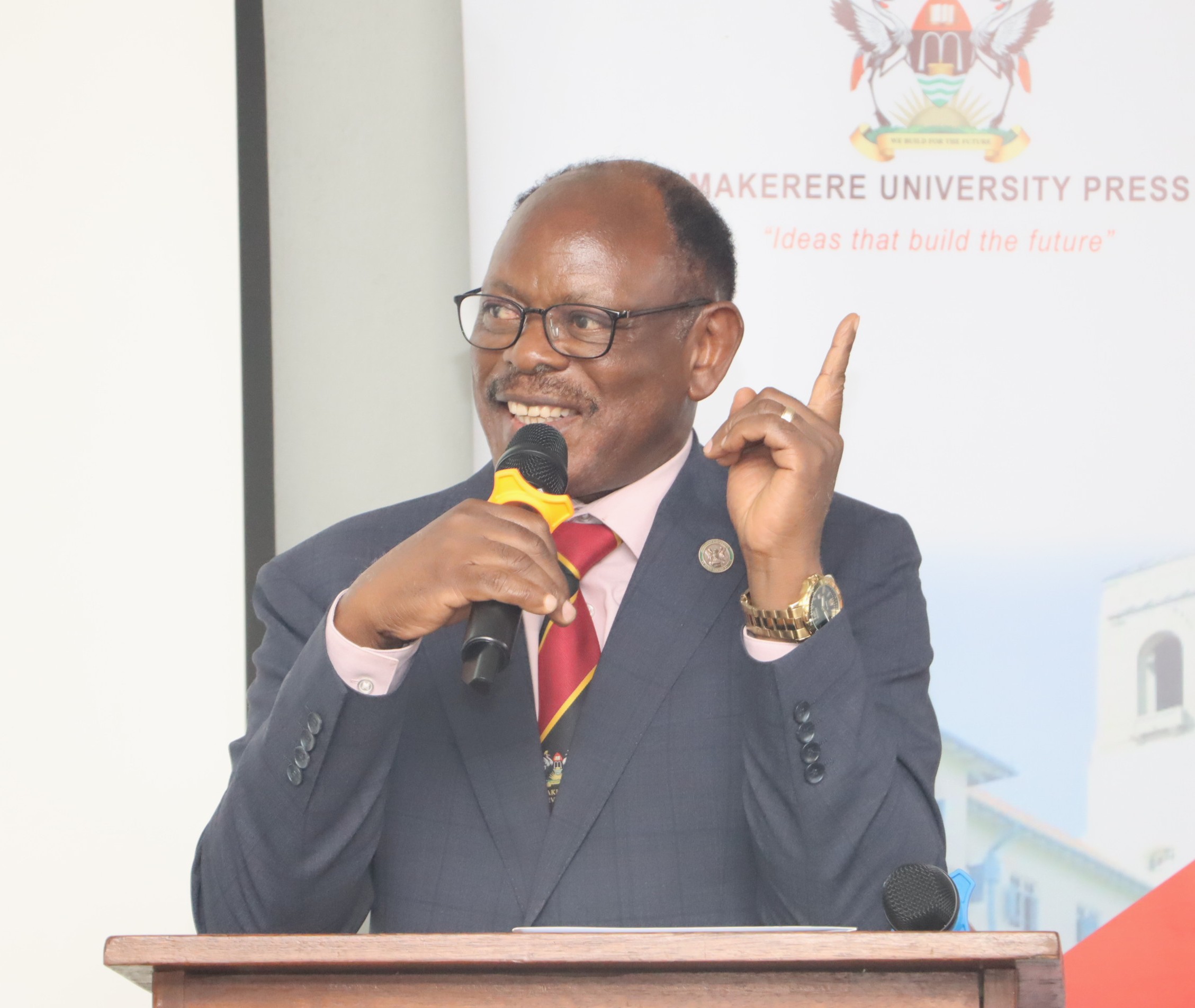 Prof. Barnabas Nawangwe speaking during the book launch. Launch of "From Records to Publication: A Guide to Academic Authorship", by Prof. Barnabas Nawangwe edited by Prof. Elisam Magara of the East African School of Library and Information Sciences (EASLIS), College of Computing and Information Sciences (CoCIS), 12th February 2026, Telepresence Center, Level 2, Senate Building, Makerere University, Kampala Uganda, East Africa.