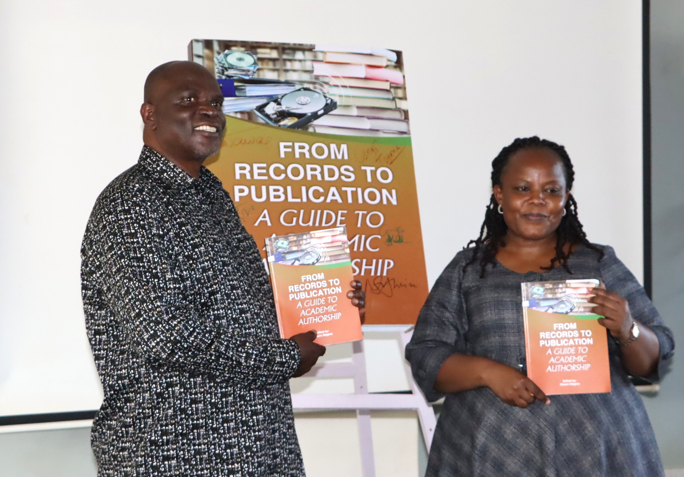 Prof. Elisam Magara and Ag. Head of Department Dr. Sylivia Namujuzi. Launch of "From Records to Publication: A Guide to Academic Authorship", by Prof. Barnabas Nawangwe edited by Prof. Elisam Magara of the East African School of Library and Information Sciences (EASLIS), College of Computing and Information Sciences (CoCIS), 12th February 2026, Telepresence Center, Level 2, Senate Building, Makerere University, Kampala Uganda, East Africa.
