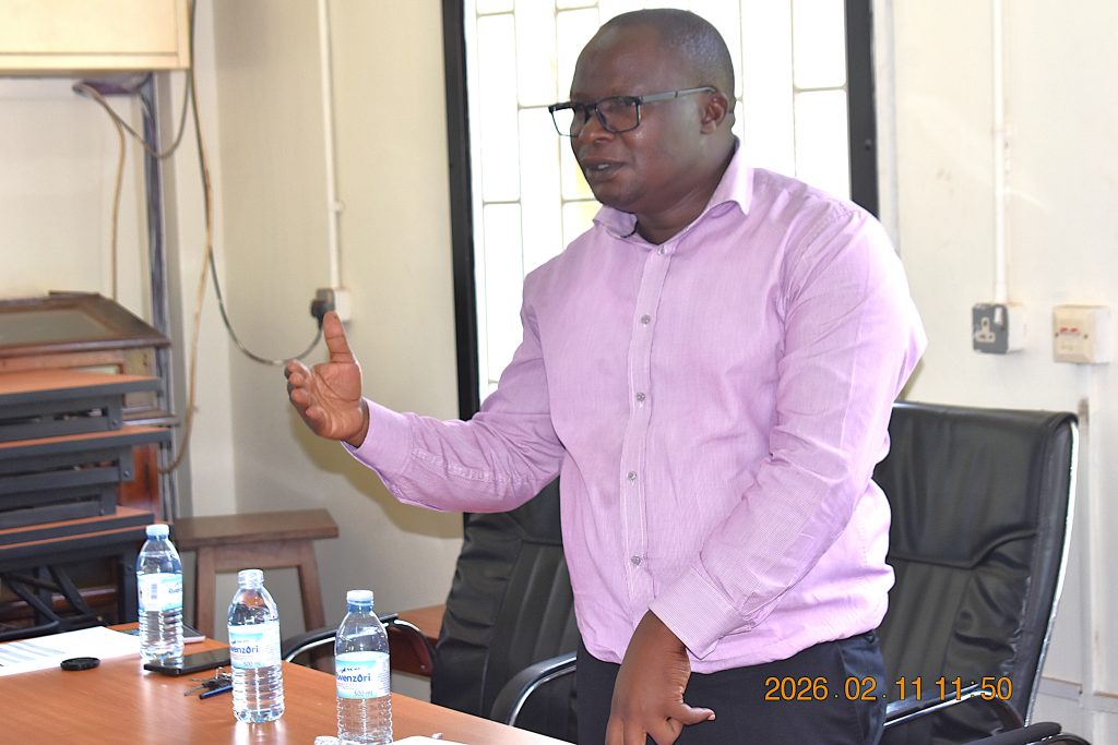 Dr. Godfrey Kawooya Kubiriza, Head of the Department of Zoology, Entomology and Fisheries Sciences addressing the team. Department of Zoology, Entomology and Fisheries Sciences hosted a high-level delegation from the University of Natural Resources and Life Sciences, Vienna (BOKU), to discuss strategies for future collaboration in a partnership that has spanned five decades, 11th February 2026, College of Natural Sciences (CoNAS), Makerere University, Kampala Uganda, East Africa.