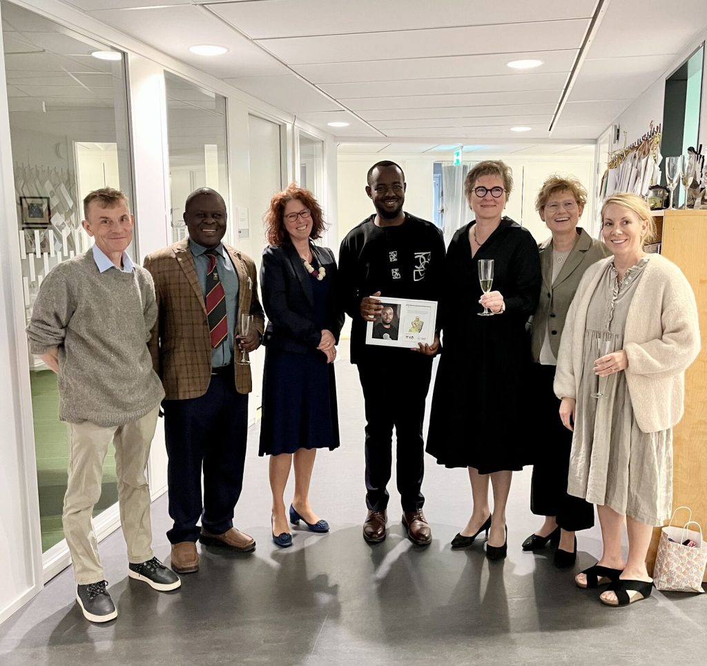 Wanduru with some of his supervisors including Prof. Peter Waiswa at the David Widerström Building in Solna, Sweden. Makerere University School of Public Health Communications Office, Graduation Profiles Series, 76th Graduation Ceremony, Phillip Wanduru, “Intrapartum-Related Adverse Perinatal Outcomes: Burden, Consequences, and Models of Care from Studies in Eastern Uganda,” Kampala Uganda, East Africa.