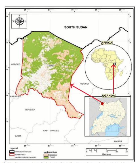 Map showing the location of Yumbe District (outlined in red) in the West Nile sub-region of north-western Uganda, indicating the study area. Adapted from Relevance of Indigenous Knowledge in Sustainable Management of Forest Resources in the 21st Century Uganda. Climate variability and malaria incidence trends in Yumbe District, West Nile Sub-region of Uganda (2017–2021), by Lesley Rose Ninsiima, Rogers Musiitwa, Zaitune Nanyunja, James Muleme, Chris Maasaba, Twahiri Anule, and David Musoke, published February 2026 in Malaria Journal through Springer Nature Link by Makerere University School of Public Health, Kampala Uganda, East Africa.
