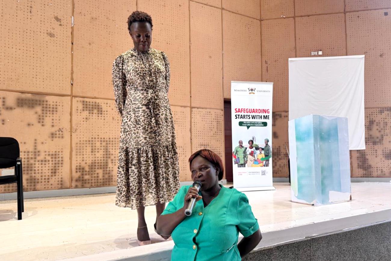 Ms. Janet Nabukera (on stage) listens during an interactive session with support staff. Safeguarding and Inclusion training for support staff held February 2026 in the Yusuf Lule Central Teaching Facility (CTF) Auditorium, Makerere University, Kampala Uganda, East Africa.
